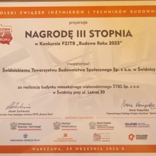 TBS w Świdnicy z nagrodą Polskiego Związku Inżynierów i Techników Budownictwa BUDOWA ROKU 2025.